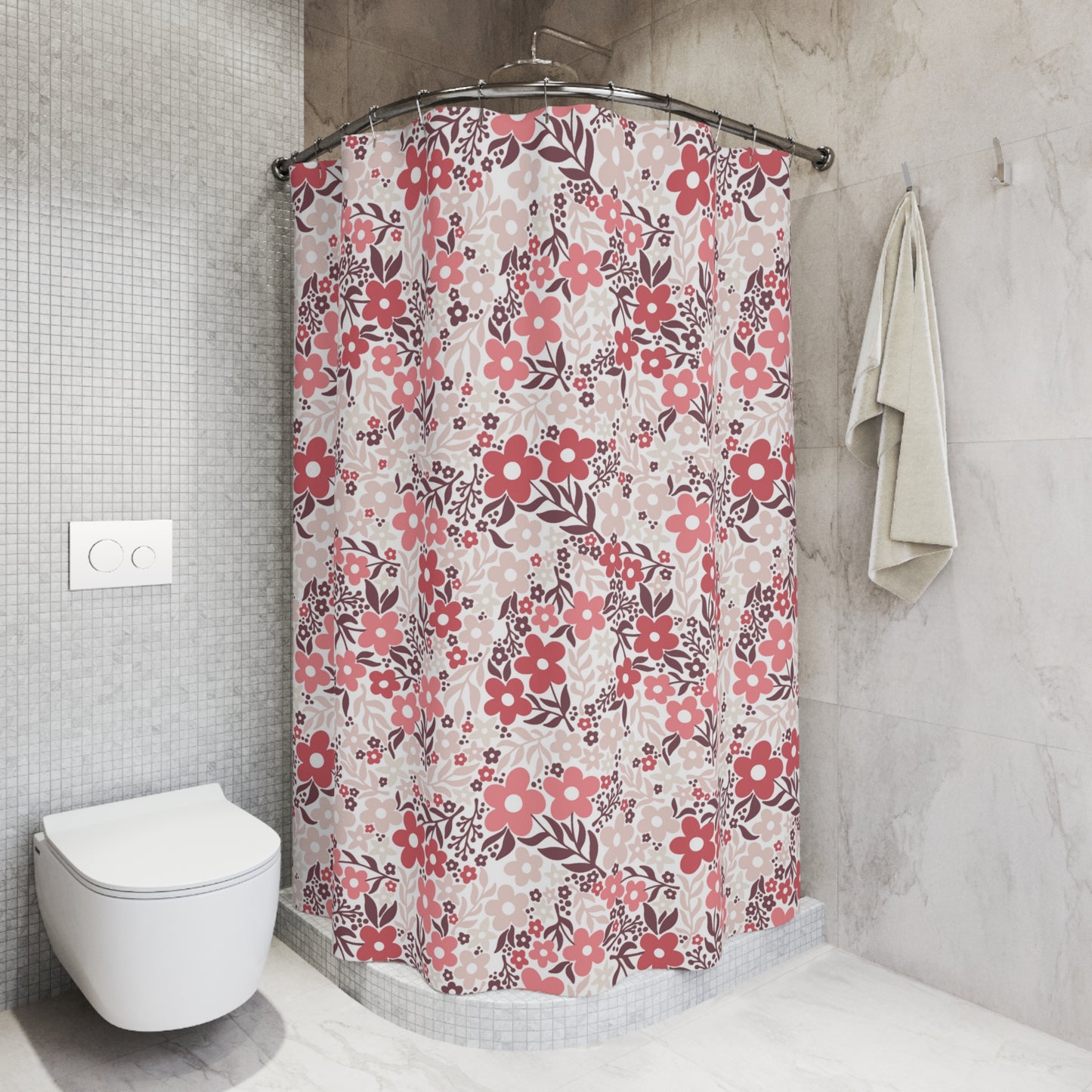 Retro Minimalist Scandi Flowers Mid Century Coral Cottagecore Shower Curtain