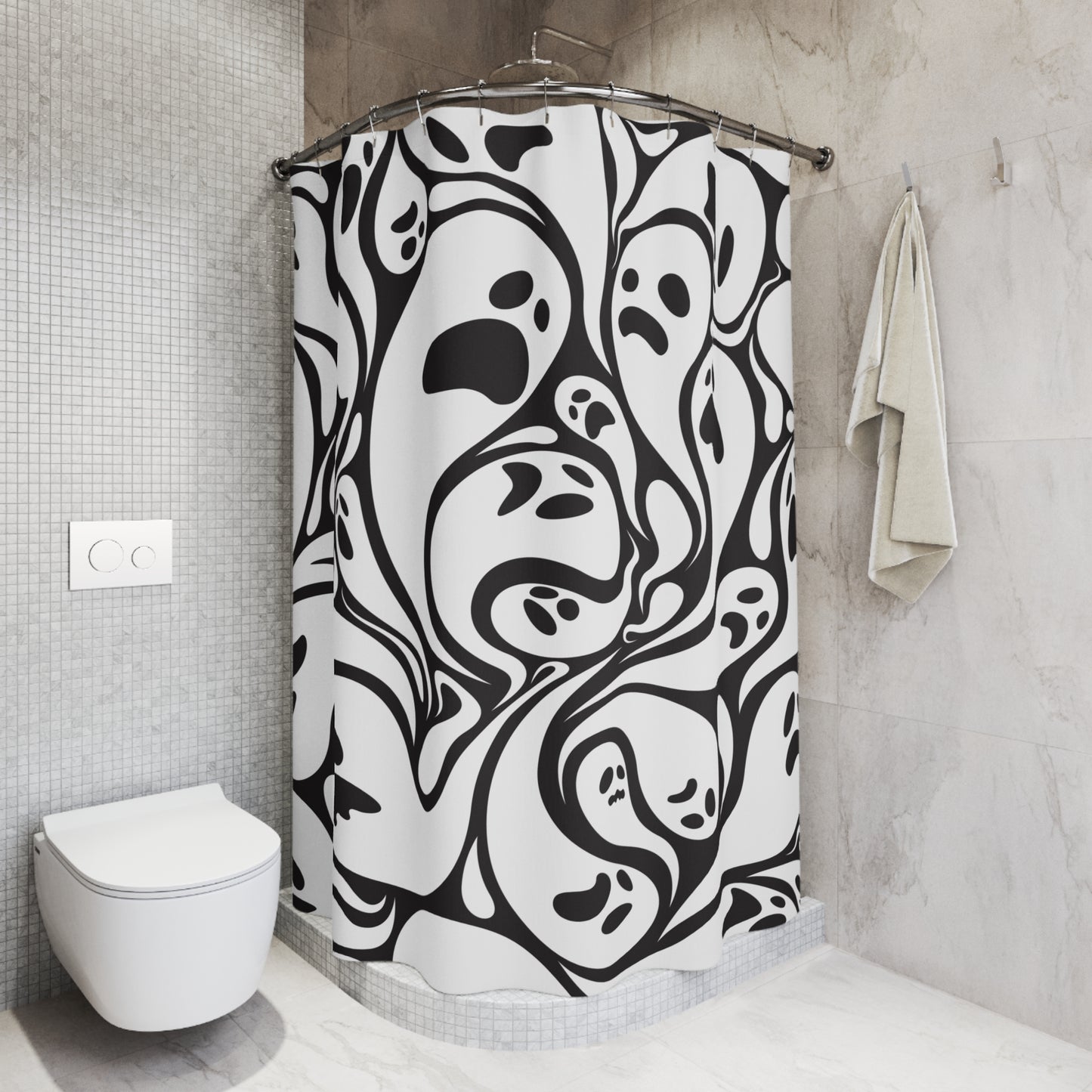 Spooky Ghosts Swirling, Halloween Black & White Shower Curtain