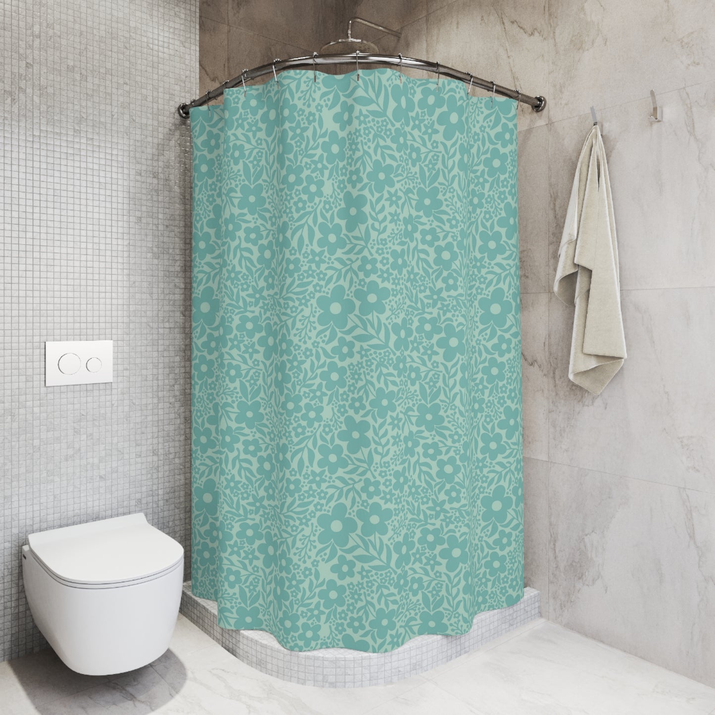 Retro Scandi Floral Minimalist Teal Cottagecore MCM Shower Curtain