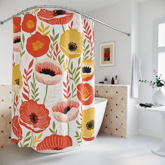 Retro 60's Mid Century Mod Poppies Floral Cottagecore Yellow, Orange & Green Shower Curtain