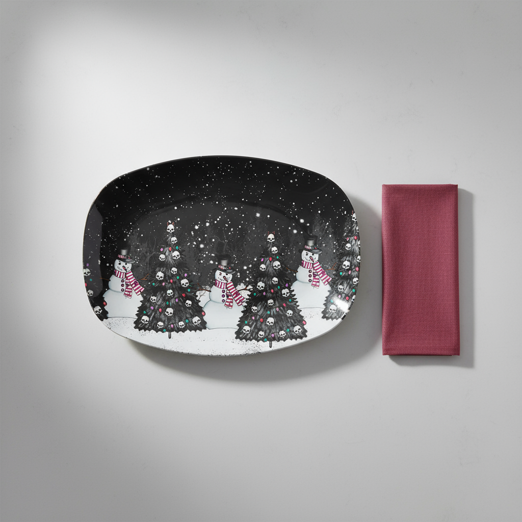 Creepy Snowman Goth Christmas Tree Farm, Black Gothmas Creepmas Holiday Platter, Serving Tray