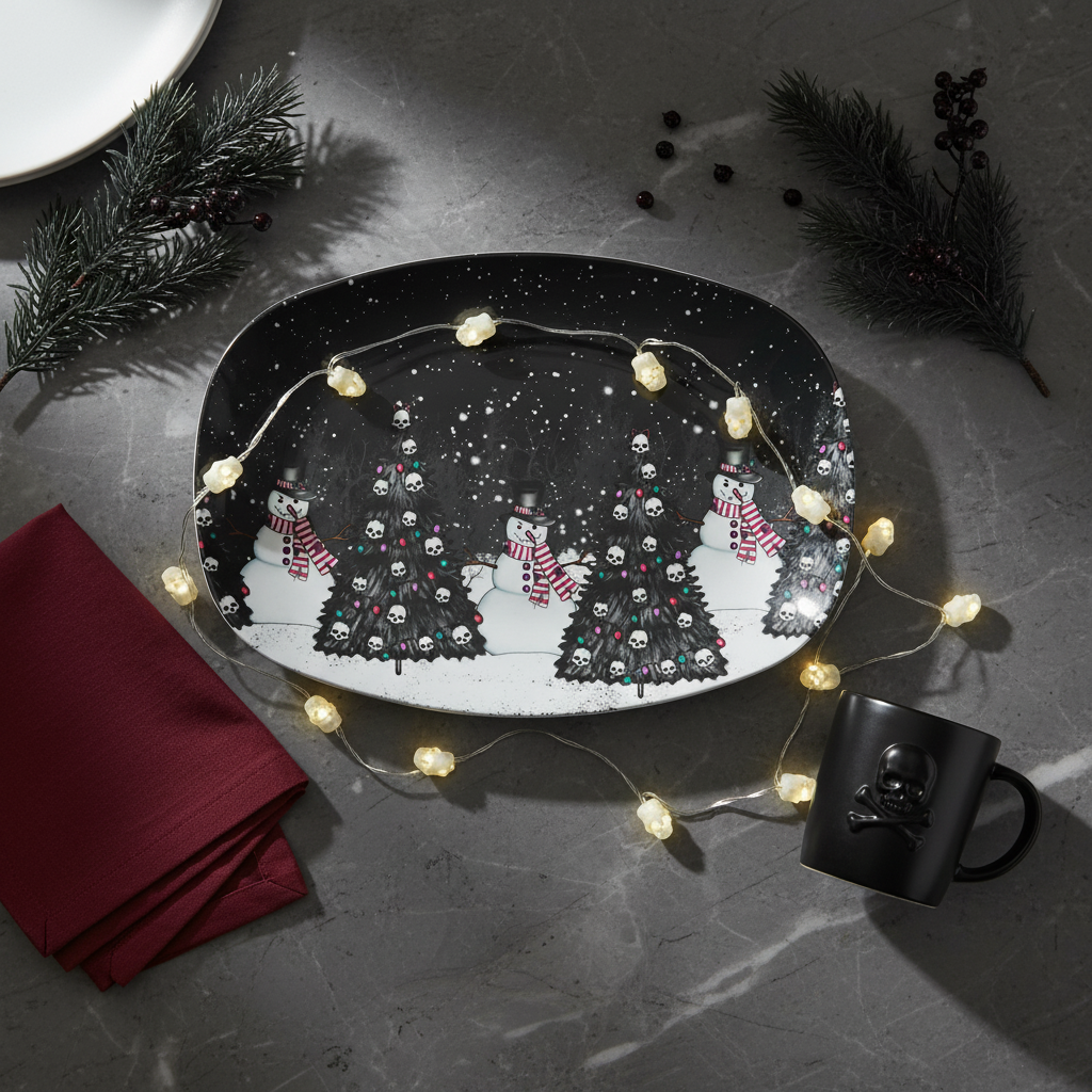 Creepy Snowman Goth Christmas Tree Farm, Black Gothmas Creepmas Holiday Platter, Serving Tray