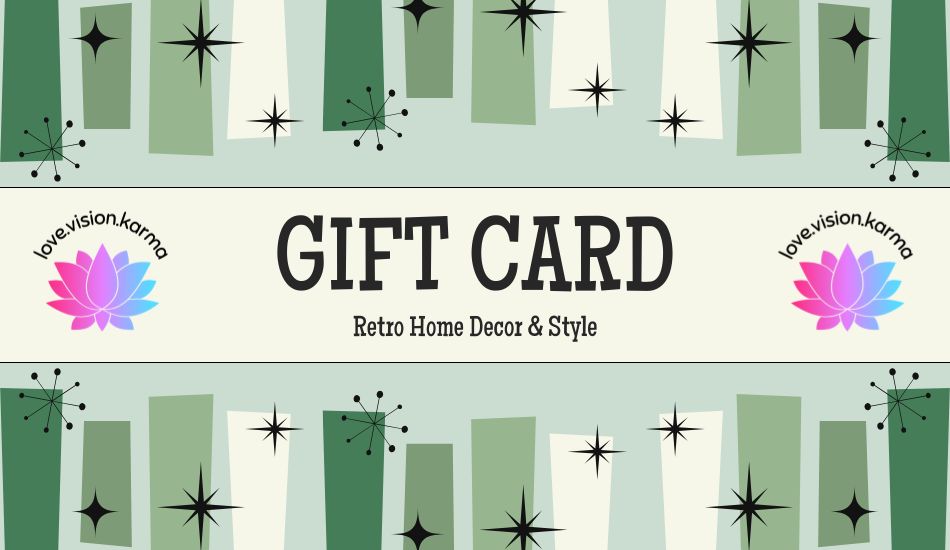 Gift card with retro design elements and 'love.vision.karma' branding