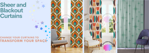 Collage of sheer and blackout curtains in mid century modern patterns and colors. Click button to navigate to the Curtains Collection or click on drop down menu above.