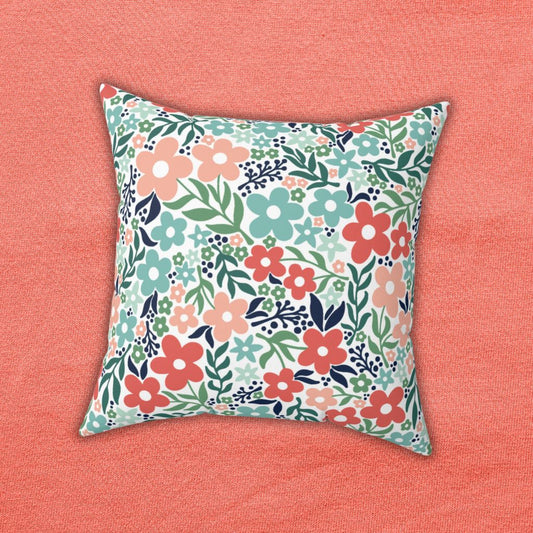 Retro Minimalist Scandi Floral Cottagecore MCM Coral & Teal Throw Pillow