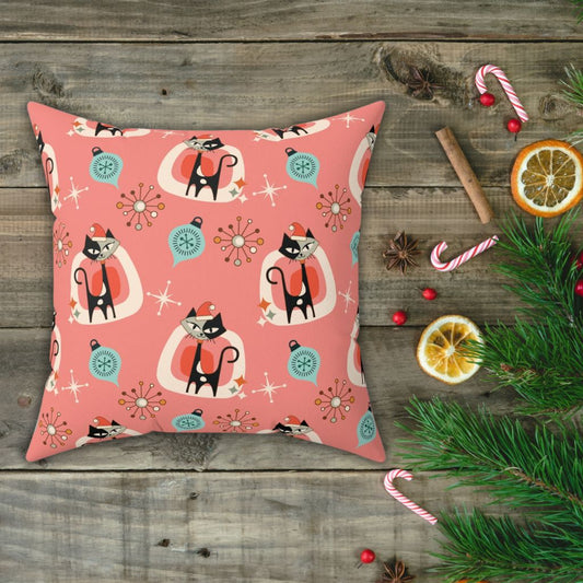 Retro 1950s Christmas Atomic Cats Mid Century Mod Pink Coral Throw Pillow