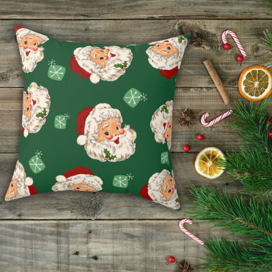 Vintage 50s Style Santa Retro MCM Green Christmas Pillow