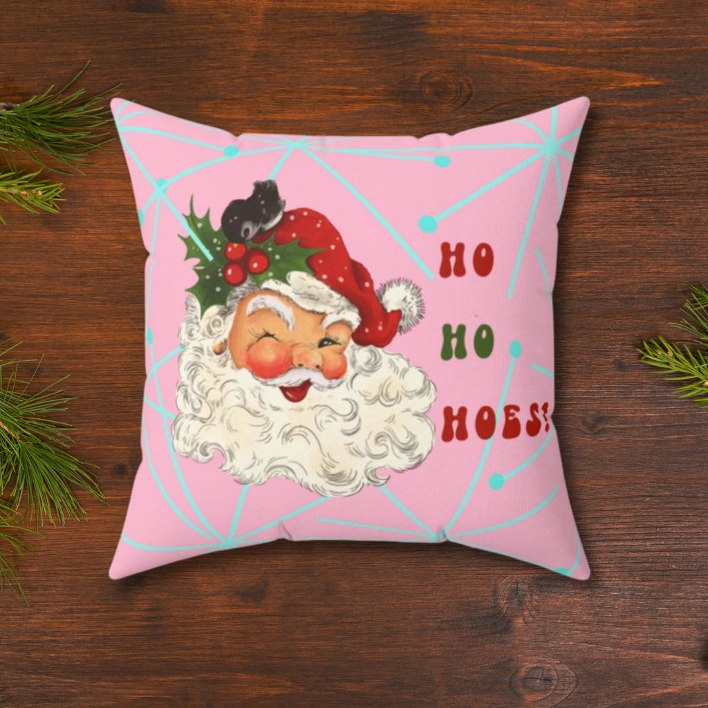 Vintage Santa Funny "Ho Ho Hoes!" Retro Pink Christmas Pillow