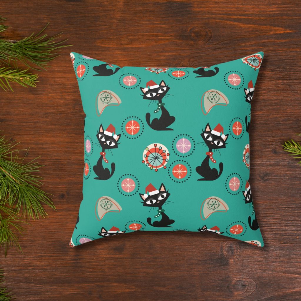 Retro Atomic Cats 1950's Christmas Mid Century Mod Teal Blue Throw Pillow