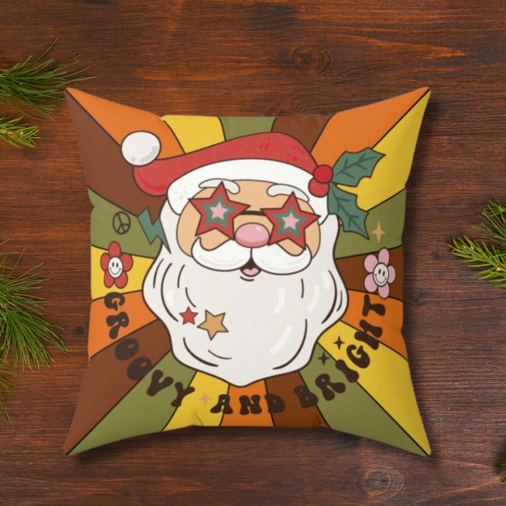 Groovy Santa Retro Hippie Christmas Mid Century Mod Multicolor Pillow