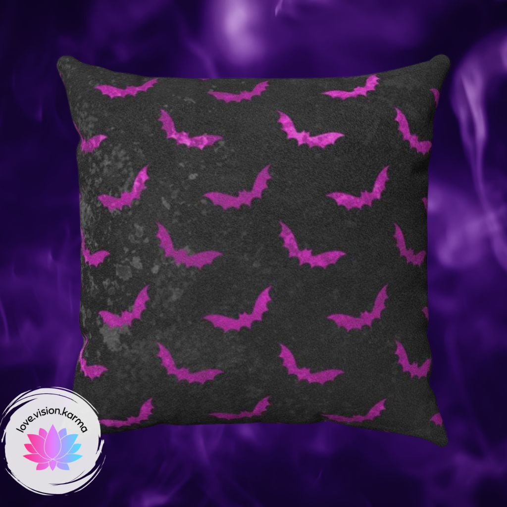 Creepy Bats Halloween Pillow Purple on Black Glam Goth Decor