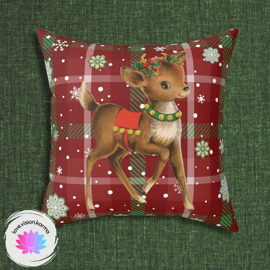 Retro 50's Christmas Vintage Reindeer MCM Red Throw Pillow