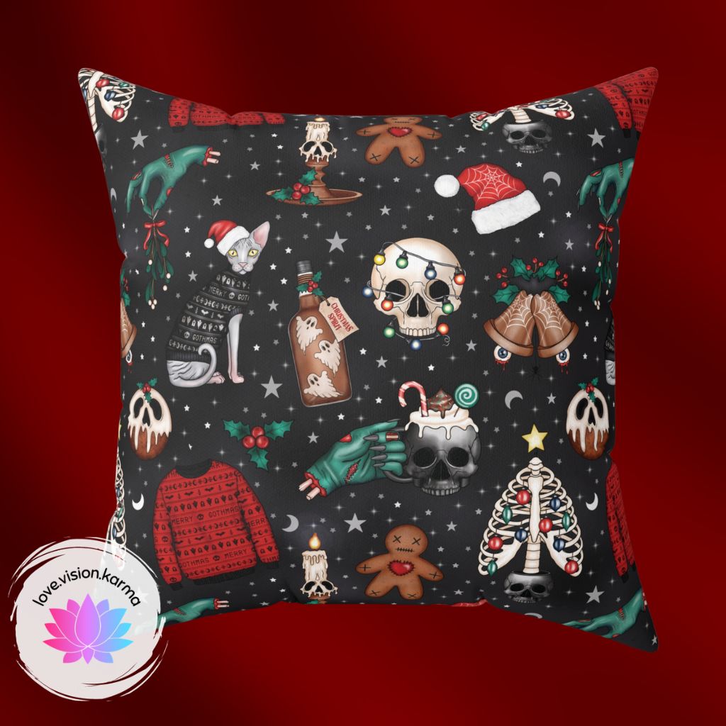 Kitschy Kawaii Goth Christmas, Creepy Cute Whimsigoth Black Creepmas Accent Pillow