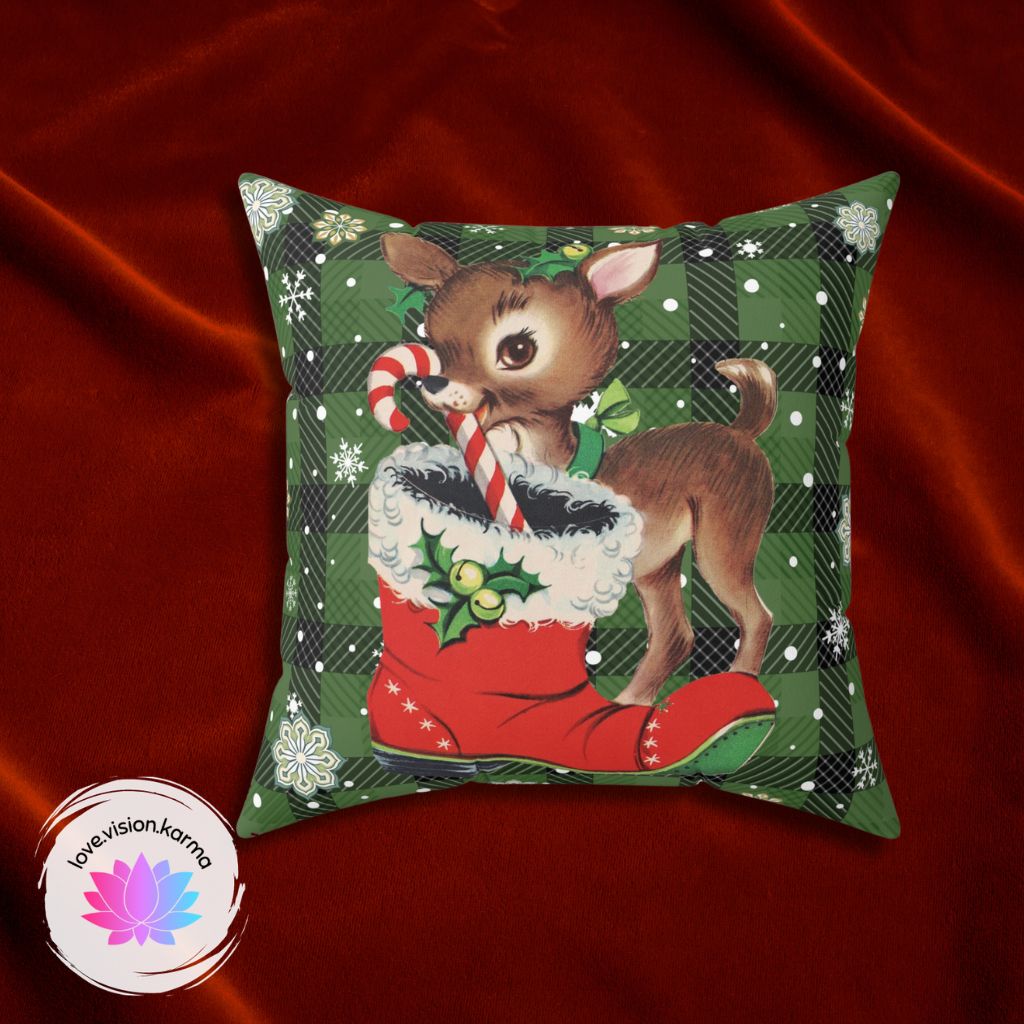 Retro 50s Christmas Vintage Reindeer MCM Green Throw Pillow