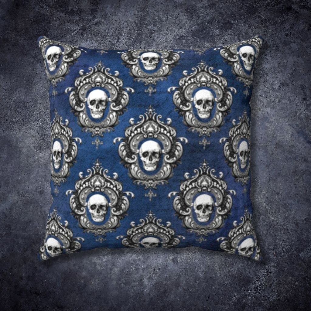 Gothic Skulls Dark Academia Blue Glam Goth Throw Pillow