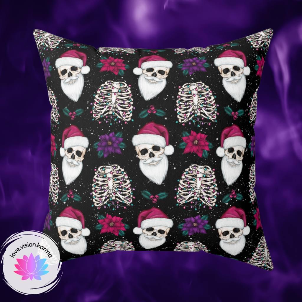 Skull Santa Goth Christmas, Kitschy Black Creepmas Holiday Throw Pillow | lovevisionkarma.com