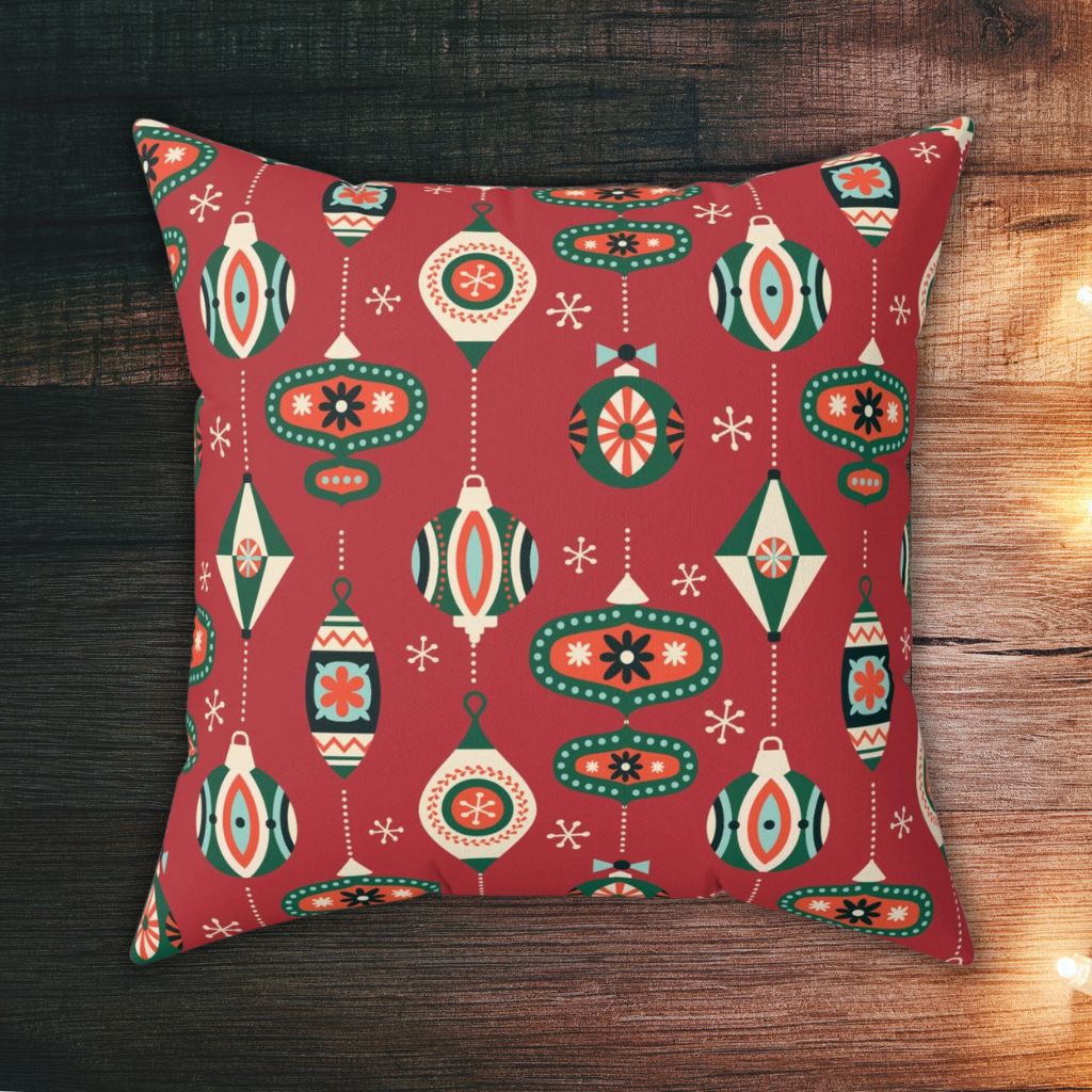 Retro 50's Mid Century Mod Baubles & Ornaments Red Christmas Throw Pillow