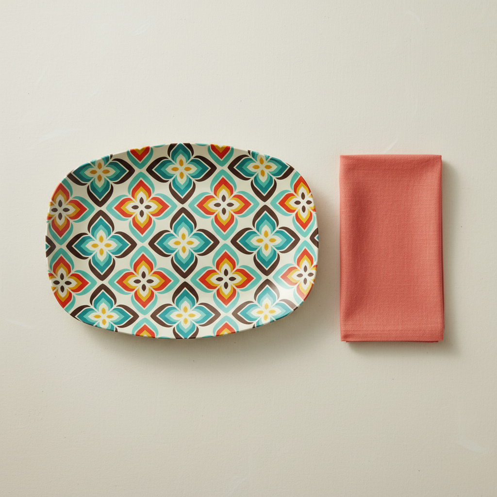 Retro 50's 60's Flowers Mid Century Mod Vintage Inspired Orange & Blue Serving Platter, Appetizer Tray