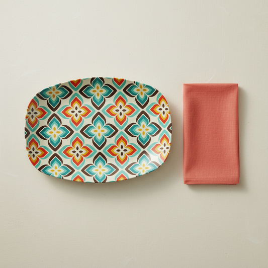 Retro 50's 60's Flowers Mid Century Mod Vintage Inspired Orange & Blue Serving Platter, Appetizer Tray