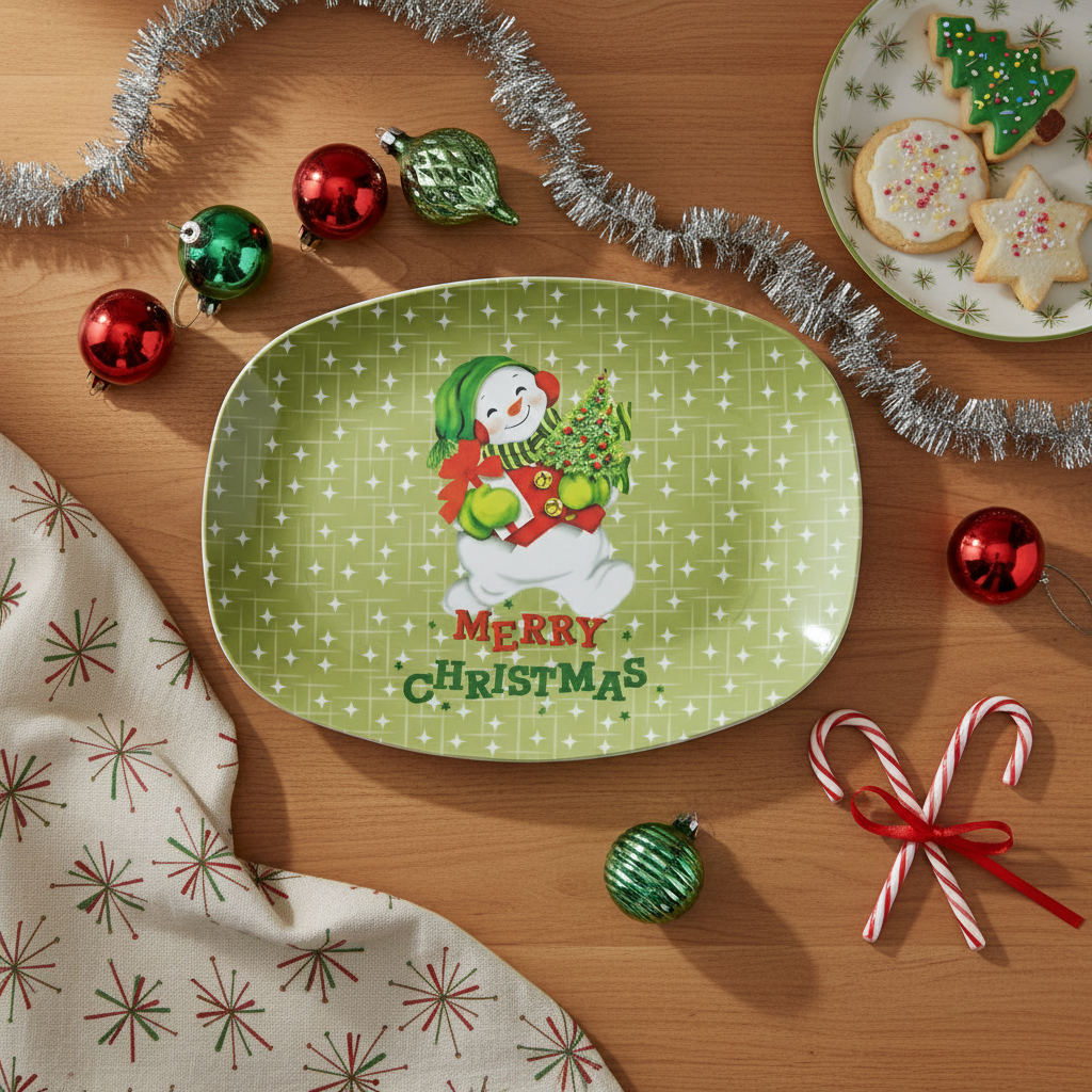 Green Christmas-themed plate with a snowman design on a wooden table with festive decorations.