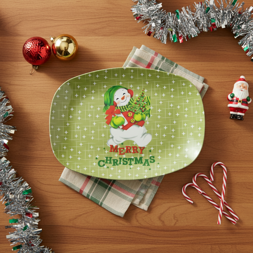 Christmas-themed plate with a snowman design on a wooden table with festive decorations.