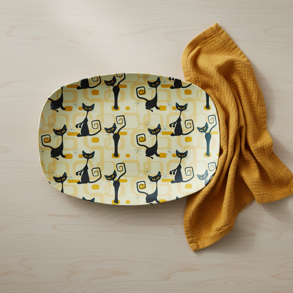 Retro 50's Atomic Cat Mid Century Mod Yellow Serving Tray, Party Platter