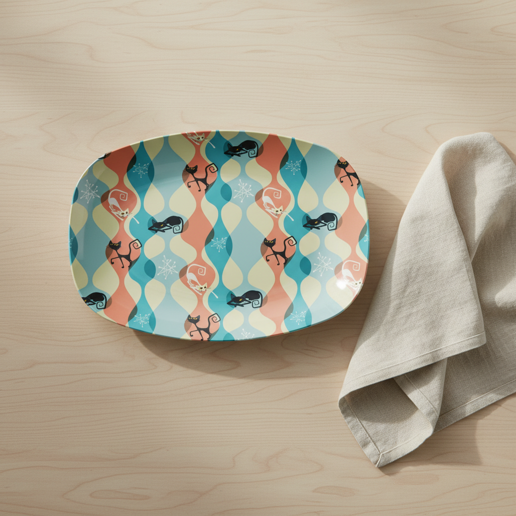 Retro 50's Atomic Cat and Starburst Multicolor Mid Century Modern Serving Tray, Party Platter