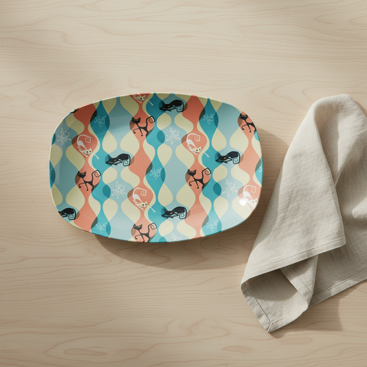 Retro 50's Atomic Cat and Starburst Multicolor Mid Century Modern Serving Tray, Party Platter