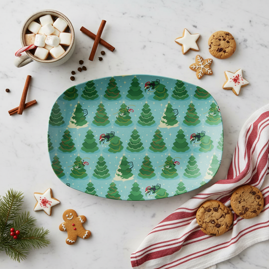 Retro 50's Atomic Cats & Christmas Tree Mid Century Mod Blue Serving Tray, Party Platter