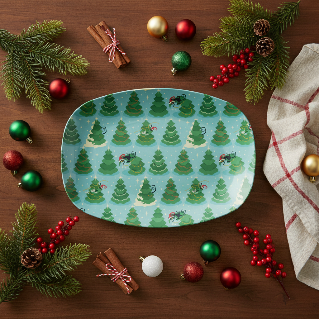 Retro 50's Atomic Cats & Christmas Tree Mid Century Mod Blue Serving Tray, Party Platter