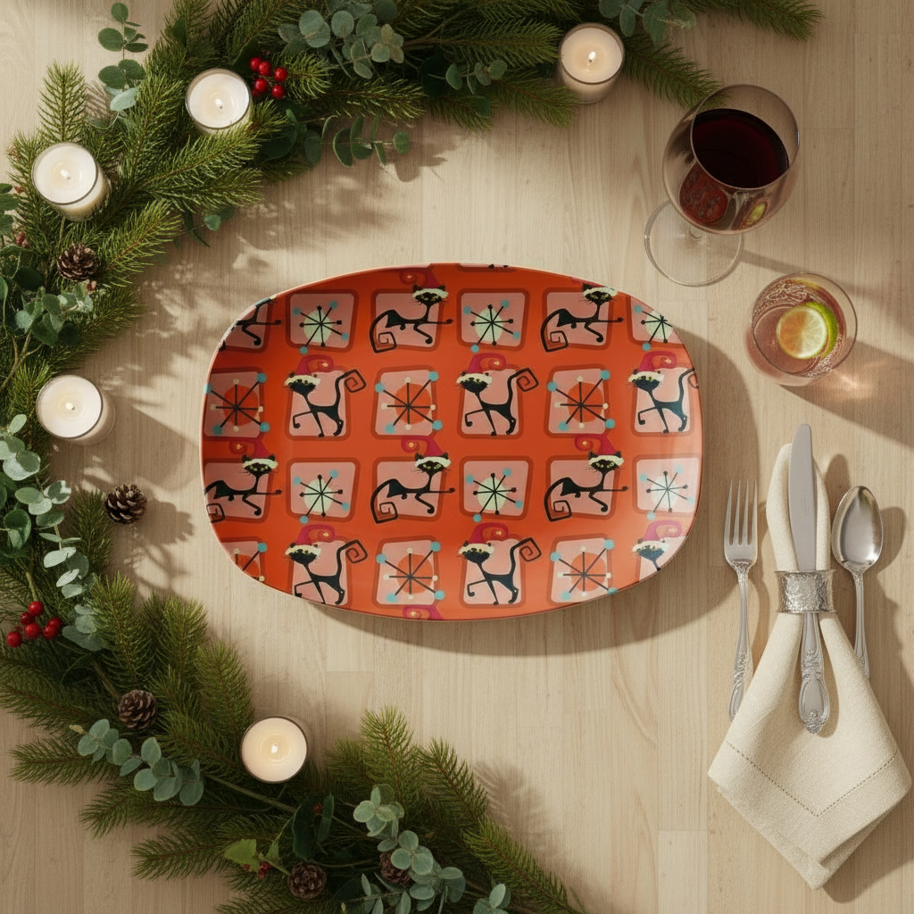 Retro 50's Atomic Christmas Cat Mid Century Mod Red Serving Tray, Party Platter