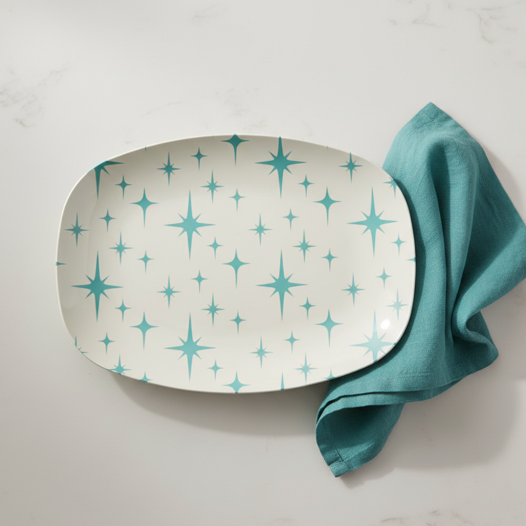 Retro 50s Atomic Starburst Mid Century Modern Blue and Off-White Serving Tray, Party Platter