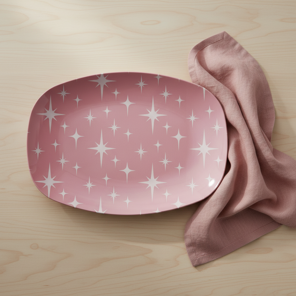 Retro 50s Atomic Starburst Mid Century Modern Pink Serving Tray, Party Platter