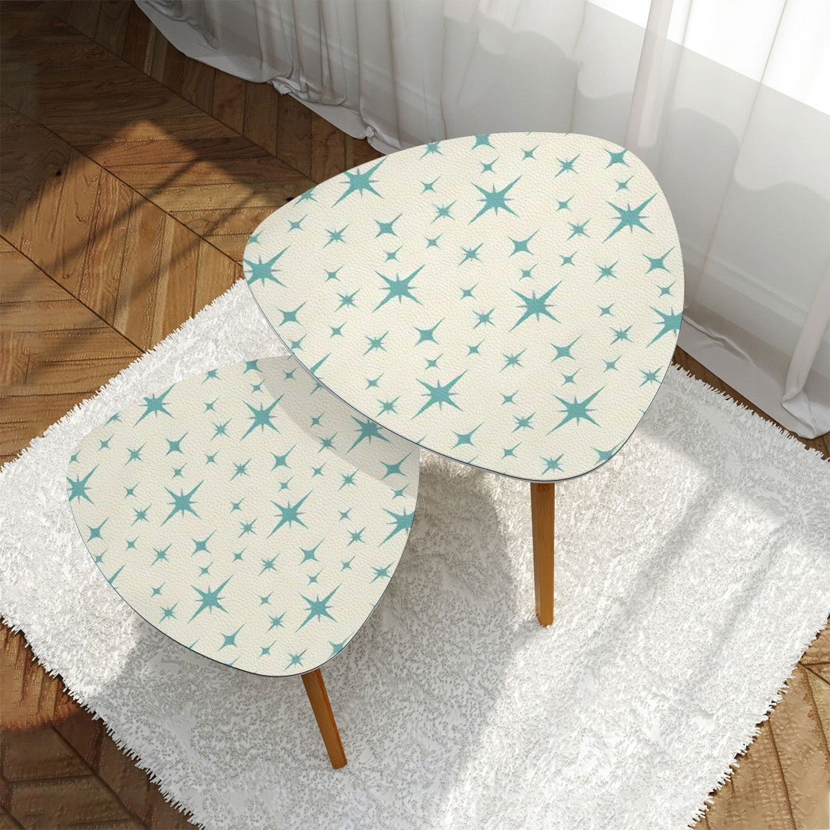 Retro 50s Atomic Starburst Mid Century Mod Blue and Off-White Nesting Accent Tables