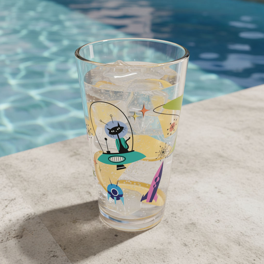 Retro 50s Space Age Atomic Black Cat, Boomerang & Spaceship MCM Multicolor Pint Glass