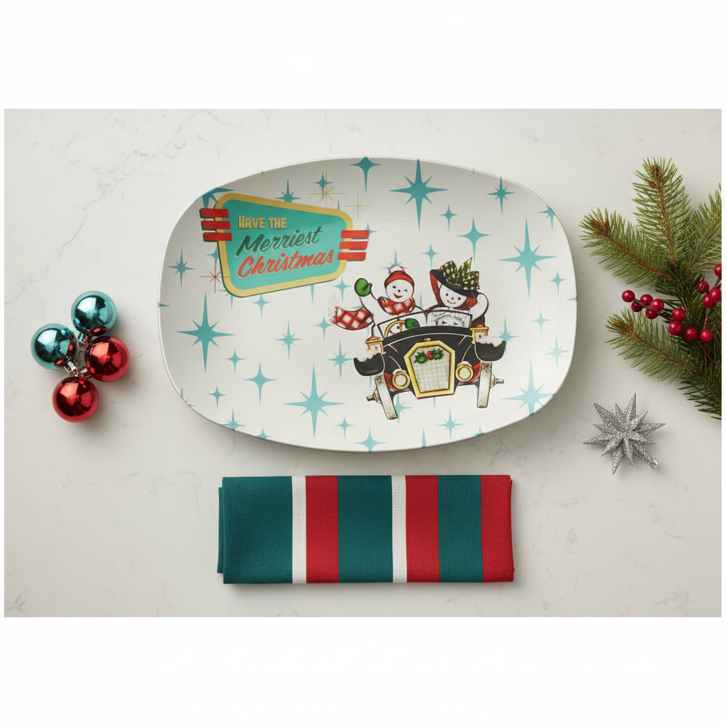 Retro 50s Vintage Snowman Couple, Atomic Starburst Mid Century Blue & Off-White Serving Tray, Party Platter
