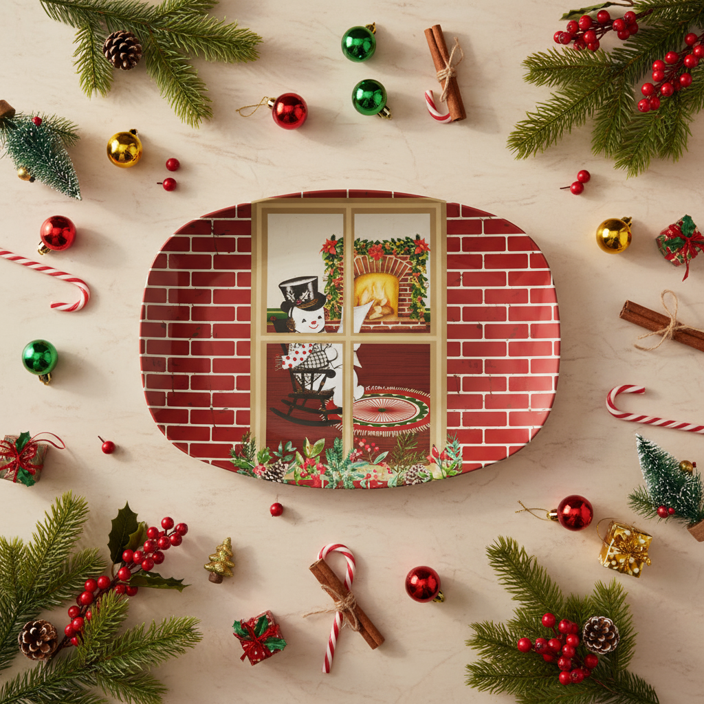 Retro 50's Vintage Snowman Through Window, Cozy Home Nostalgia MCM Serving Tray, Party Platter