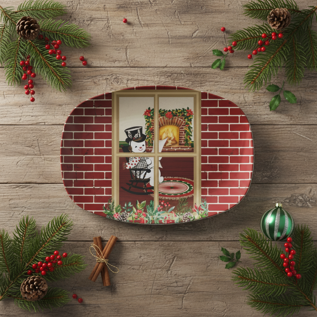 Retro 50's Vintage Snowman Through Window, Cozy Home Nostalgia MCM Serving Tray, Party Platter