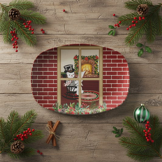 Retro 50's Vintage Snowman Through Window, Cozy Home Nostalgia MCM Serving Tray, Party Platter