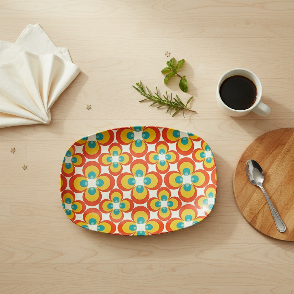 Retro 60s, 70s Flowers Mid Century Modern Orange and Blue Serving Tray, Party Platter