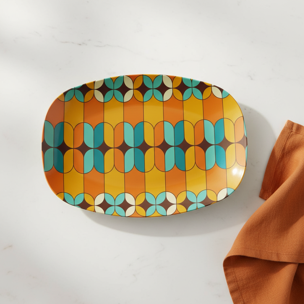 Retro 60s 70s Mid Century Mod Geometric Orange and Teal Serving Tray, Party Platter