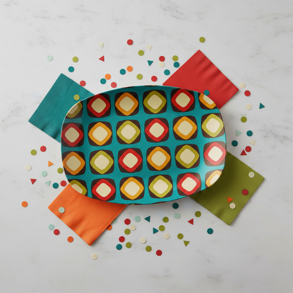 Retro 60s, 70s Mod Squares Multicolor Mid Century Modern Serving Tray, Party Platter