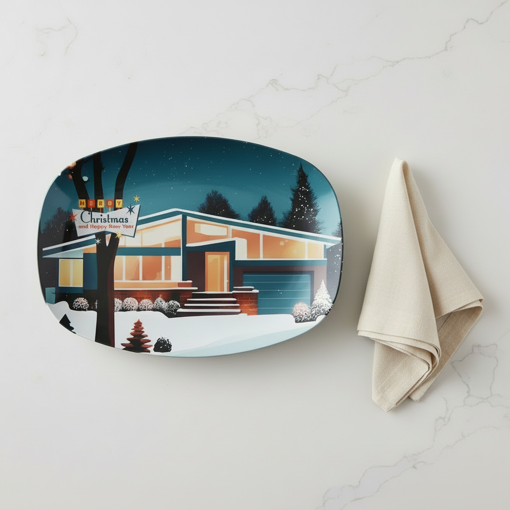 Retro 50's Mid Century Modern Snowy Winter Night Home Multicolor Serving Tray, Party Platter