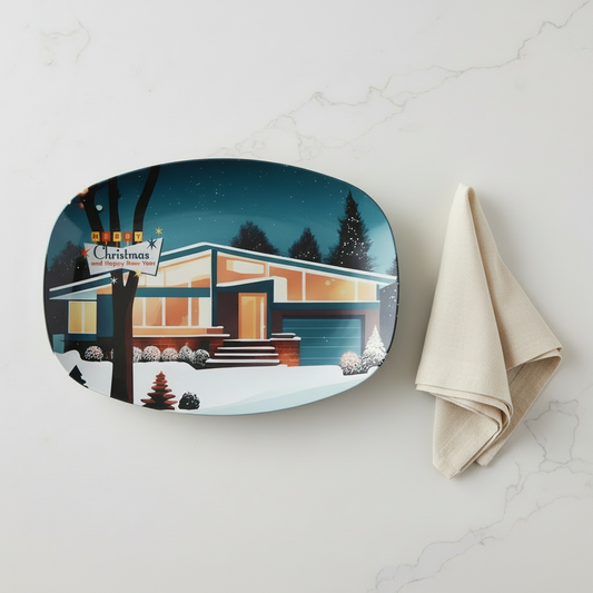 Retro 50's Mid Century Modern Snowy Winter Night Home Multicolor Serving Tray, Party Platter