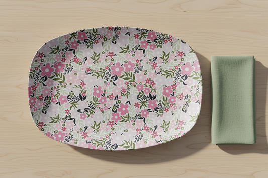 Retro Minimalist Scandi Flowers Cottagecore MCM Vintage Inspired Pink and Green Serving Tray, Party Platter