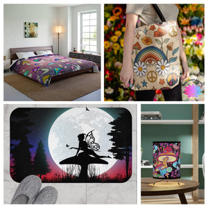 Small selection of items from our Magic and Whimsy Collection, such as cosmic mushroom bedding, fairy bath mat, mushroom and rainbows tote bag and space mushroom tabletop lamp