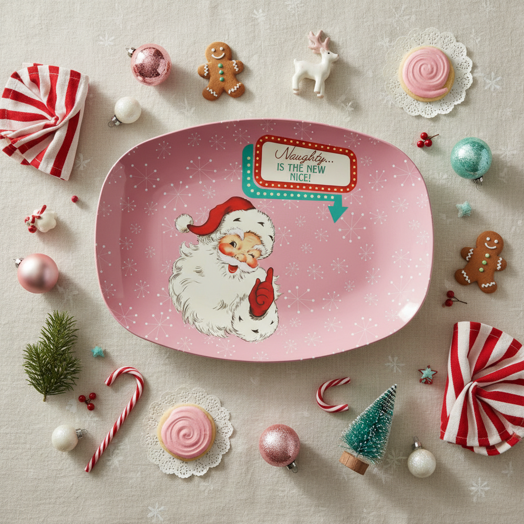 Vintage Santa Winking Cheeky Retro 50s Atomic Burst Mid Century Mod Pink Serving Tray, Party Platter