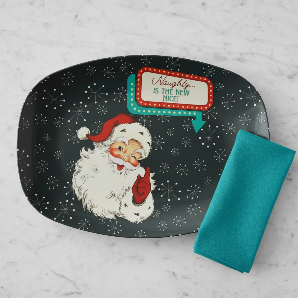 Vintage Santa Winking Cheeky Retro 50s Atomic Burst Mid Century Mod Charcoal Gray Serving Tray, Party Platter