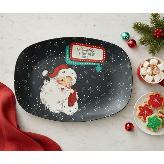 Vintage Santa Winking Cheeky Retro 50s Atomic Burst Mid Century Mod Charcoal Gray Serving Tray, Party Platter