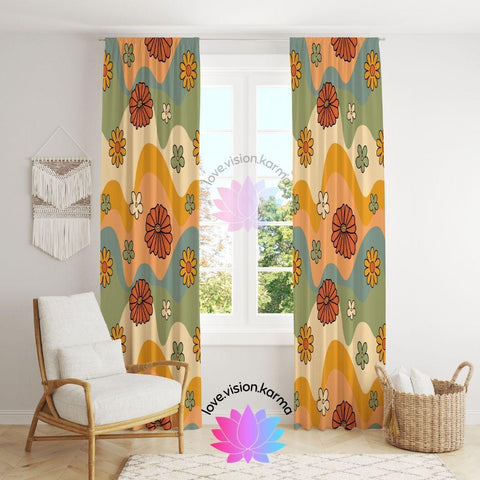 Boho Flowers and Waves MCM Multicolor Curtain Panels